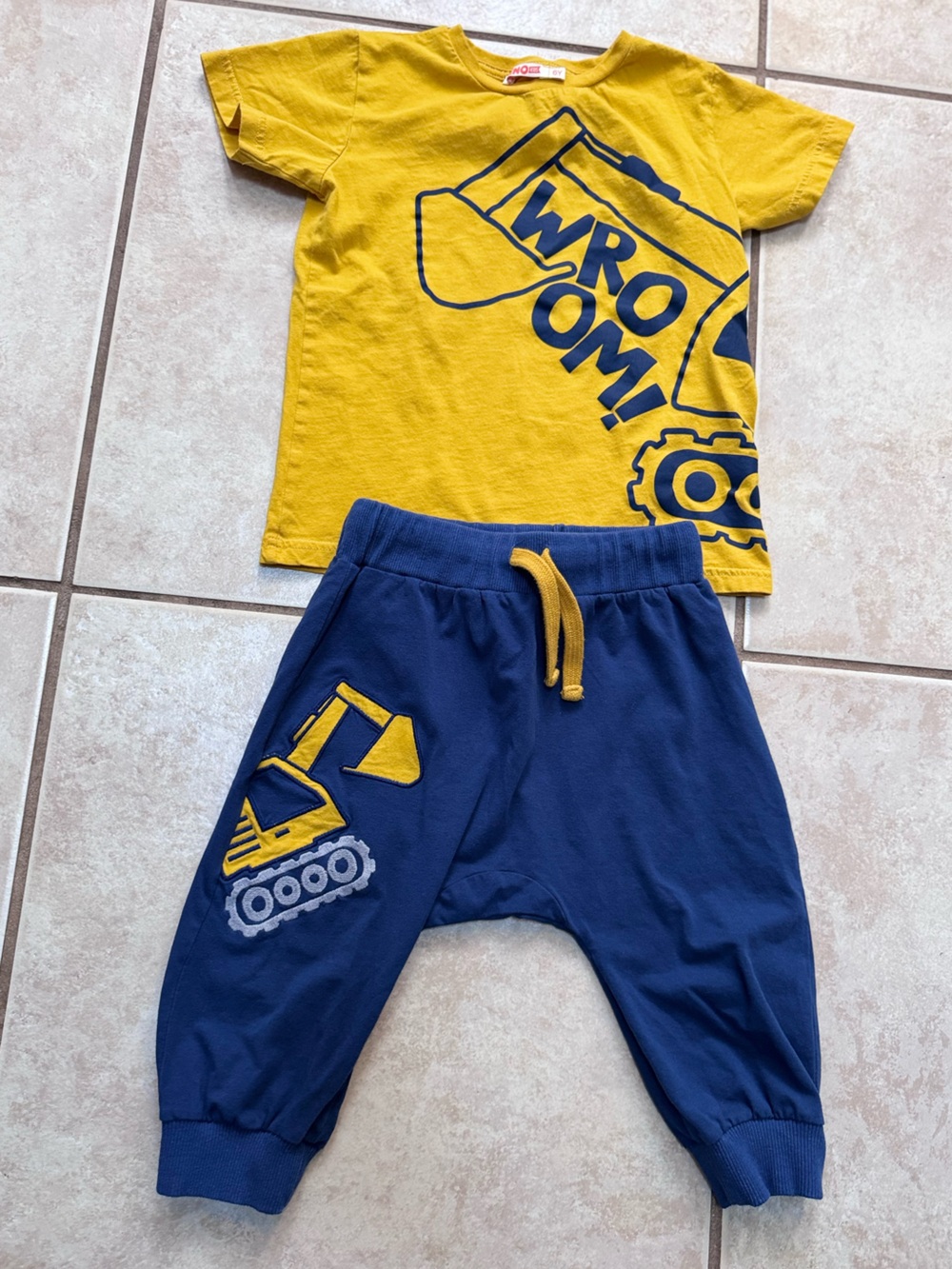 Yellow "WROOM" Graphic Tee & Navy Excavator Joggers Set